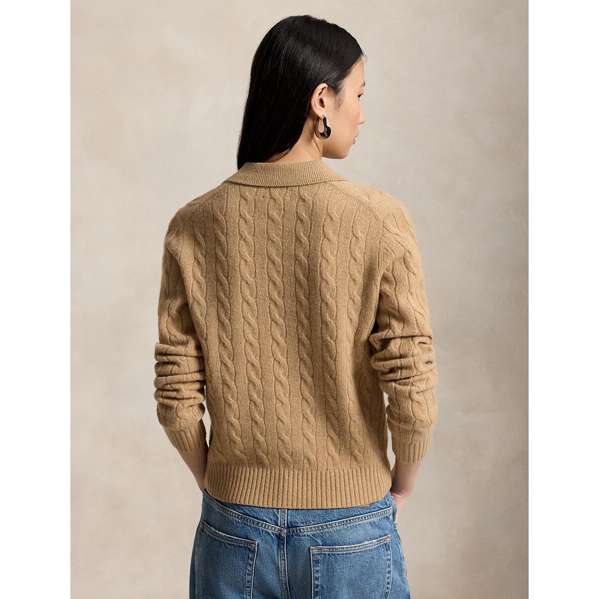 Pull col polo en maille torsadée, 80% laine 20% cachemire camel, POLO RALPH LAUREN