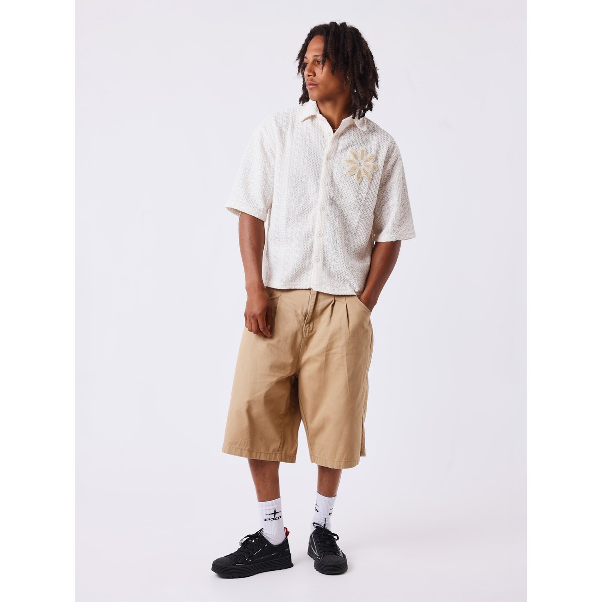 Chemise brodée ajourée avec fleur crème camel, PROJECT X