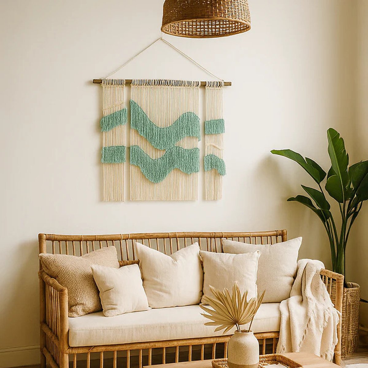 Decoração de parede em macramé WAVE, Macramar natural/verde, MACRAMAR