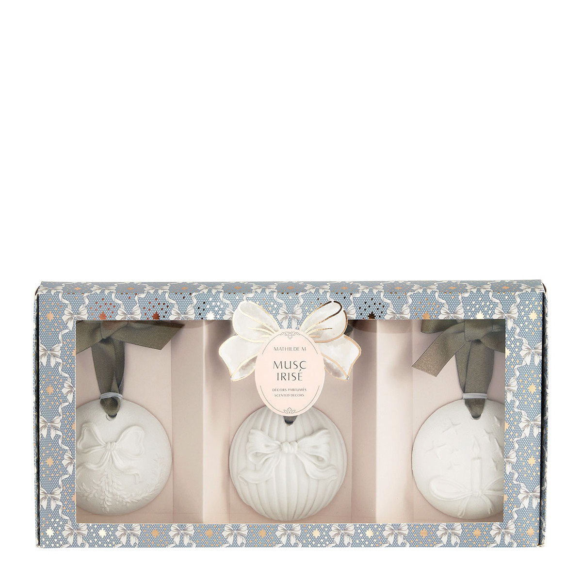 Coffret boules de Noël parfum Musc Irisé RUBANS DE FÊTE blanc, MATHILDE M