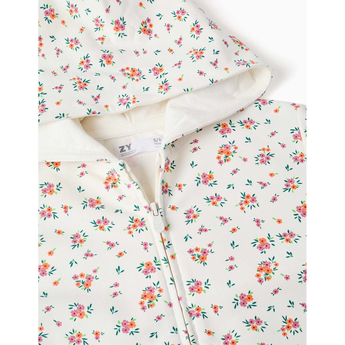Sweat zippé en molleton à capuche avec motif floral beige clair, ZIPPY