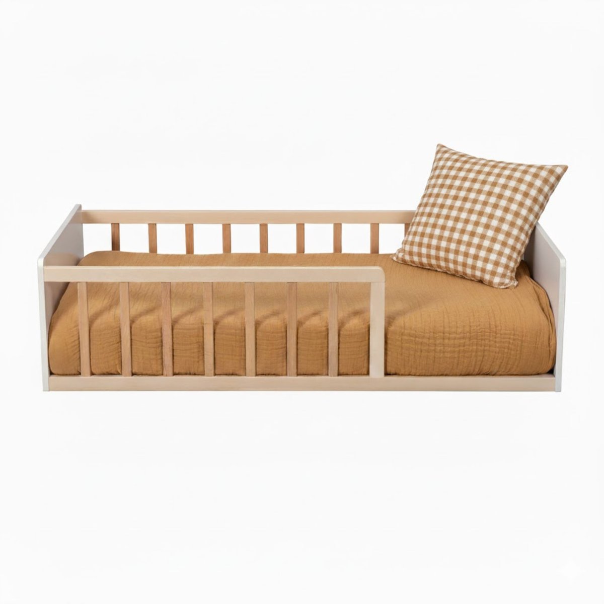 Lit enfant inspiration Montessori au sol à barreaux bicolore 90x190 naturel, TERRE DE NUIT