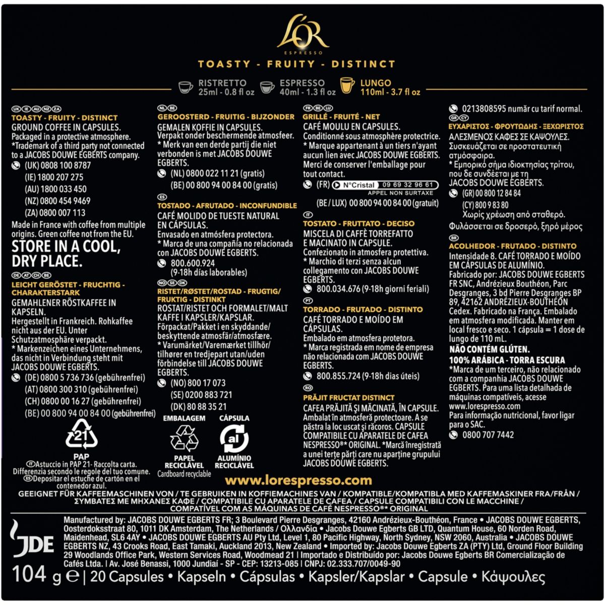 Capsules Espresso LUNGO PROFONDO x20 104g couleur unique, L'OR