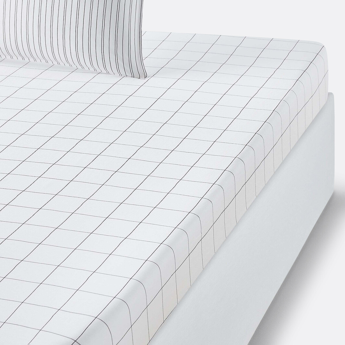 Drap-housse coton lavé Monille imprimé carreaux blanc/noir, LA REDOUTE INTERIEURS