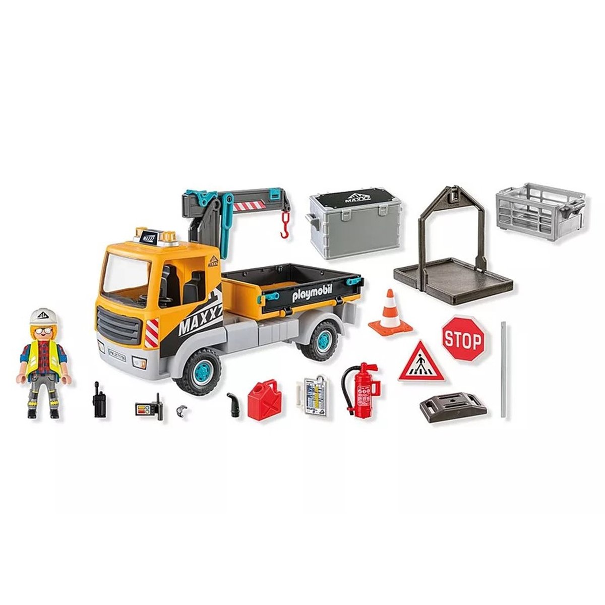 Heroes Camion de chantier avec grue et ouvrier et accessoires camion de chantier avec grue et ouvrier et accessoires, PLAYMOBIL