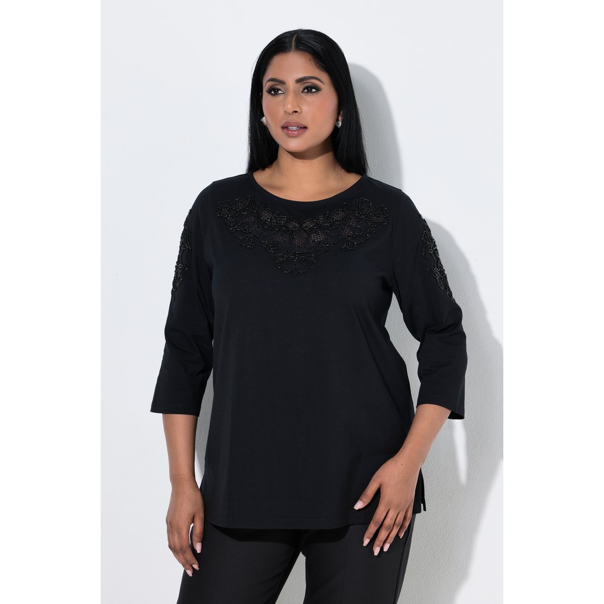 T-shirt avec broderie ajourée noir, ULLA POPKEN