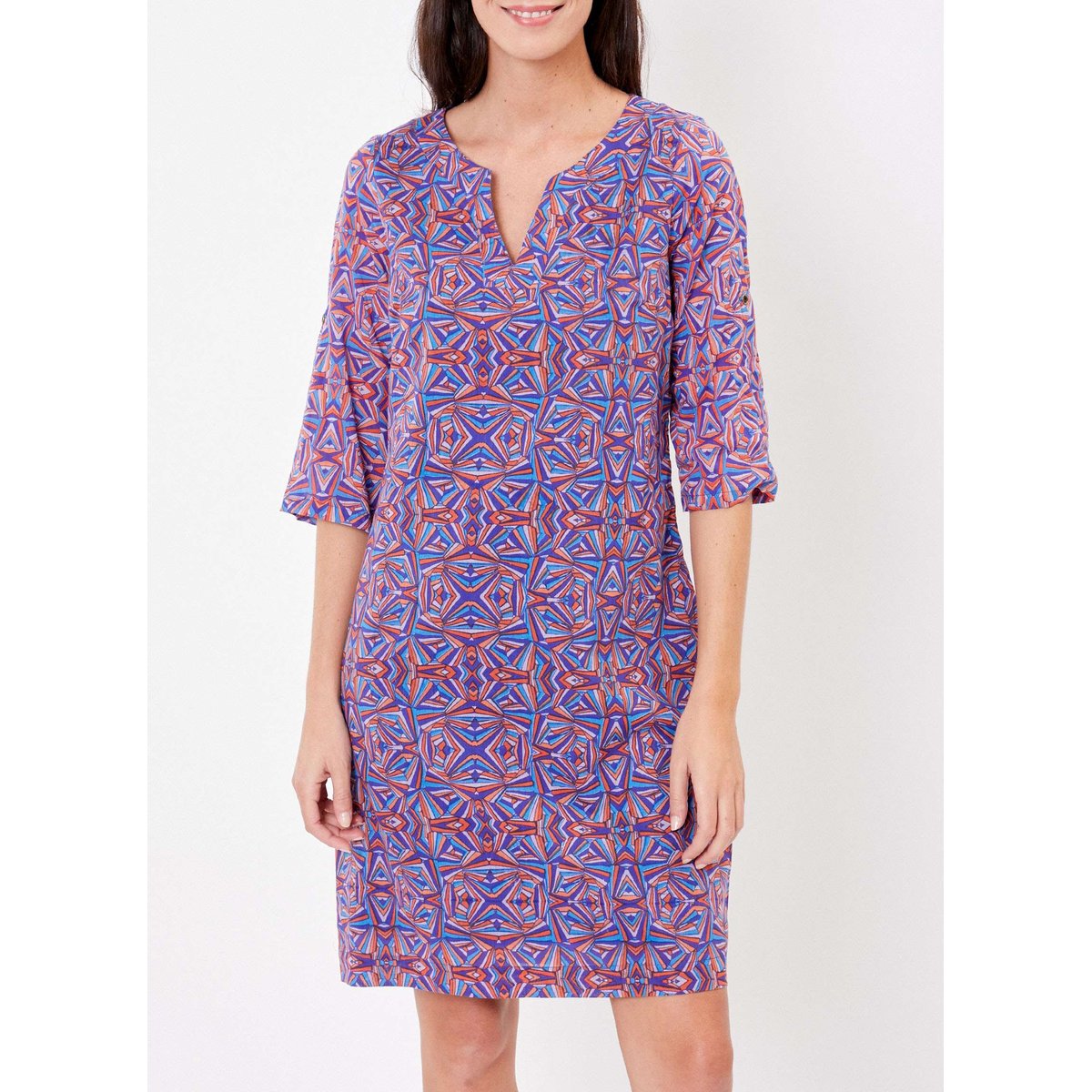 Robe col tunisien voile de coton bio imprimée CAMILA violet cobalt, LA FIANCÉE