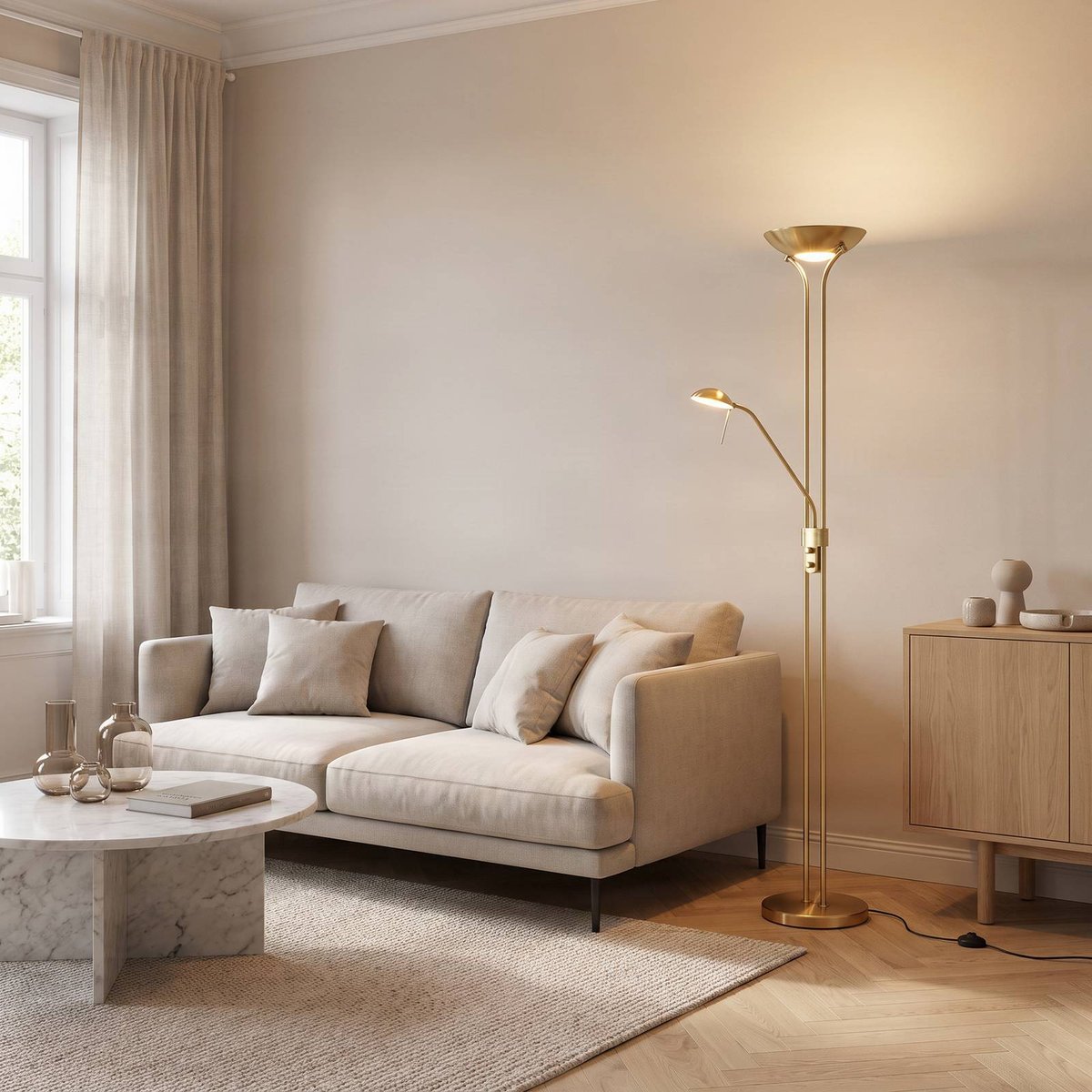 Lampadaire en métal moderneLED, Josefin laiton mat, blanc givré, LINDBY