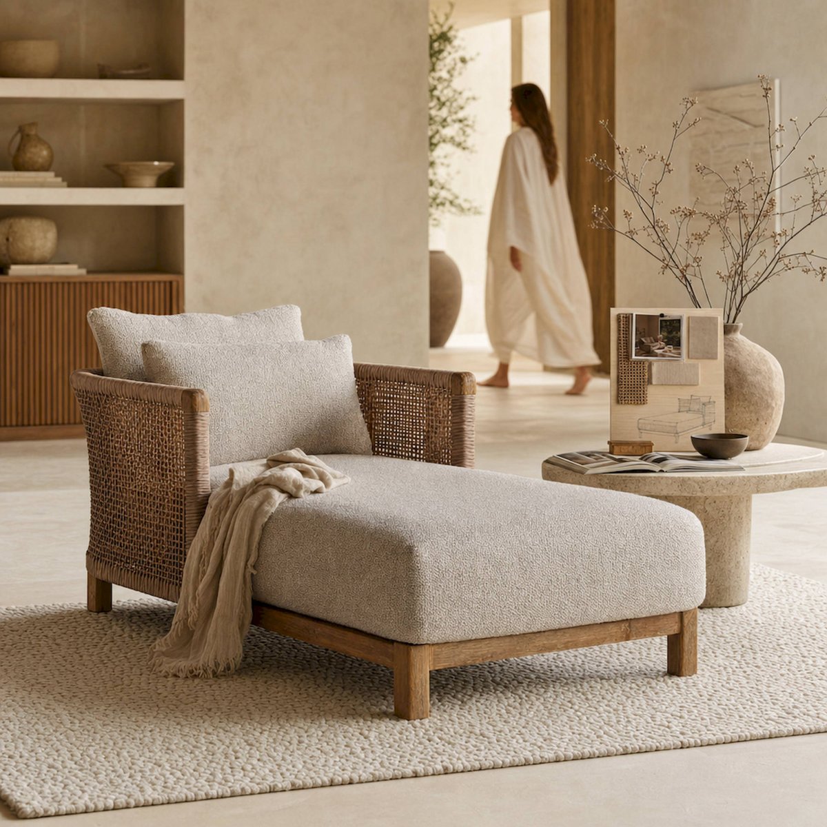 Chaise longue bohème S.TRENA en bois beige et bois brun, RECOLLECTION