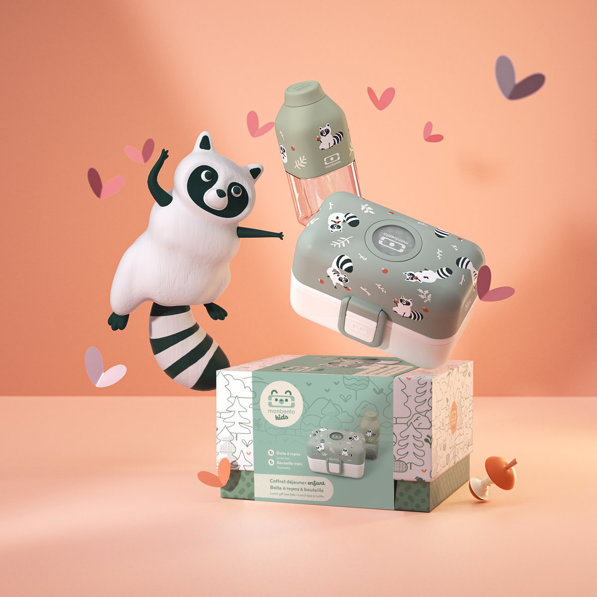 Coffret cadeau enfants lunch box + accessoires vert raccoon, MONBENTO