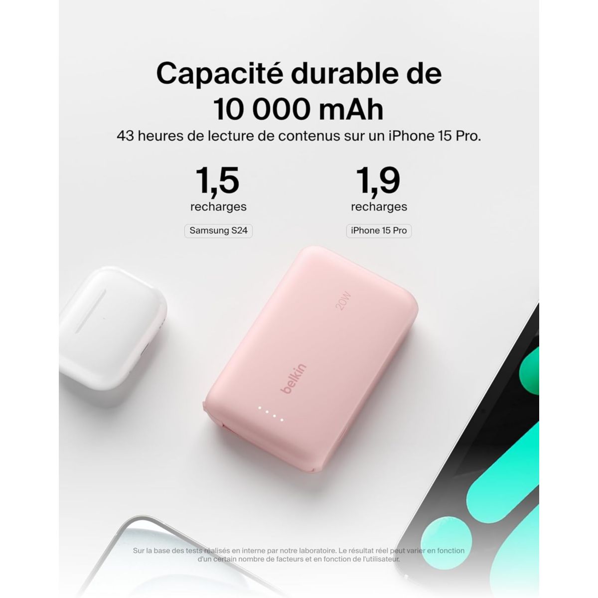 Batterie externe 10000 mAh avec cable USB-C intégre pink couleur unique, BELKIN