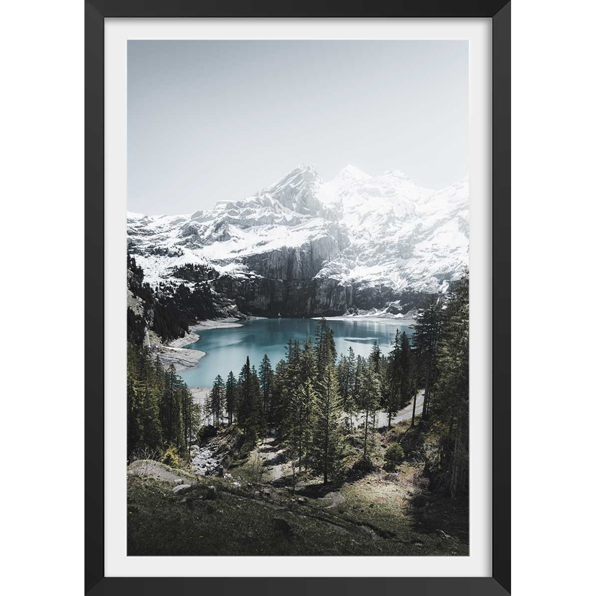 Affiche paysage lac de montagne au sommet affiche + cadre en bois - noir, HEXOA