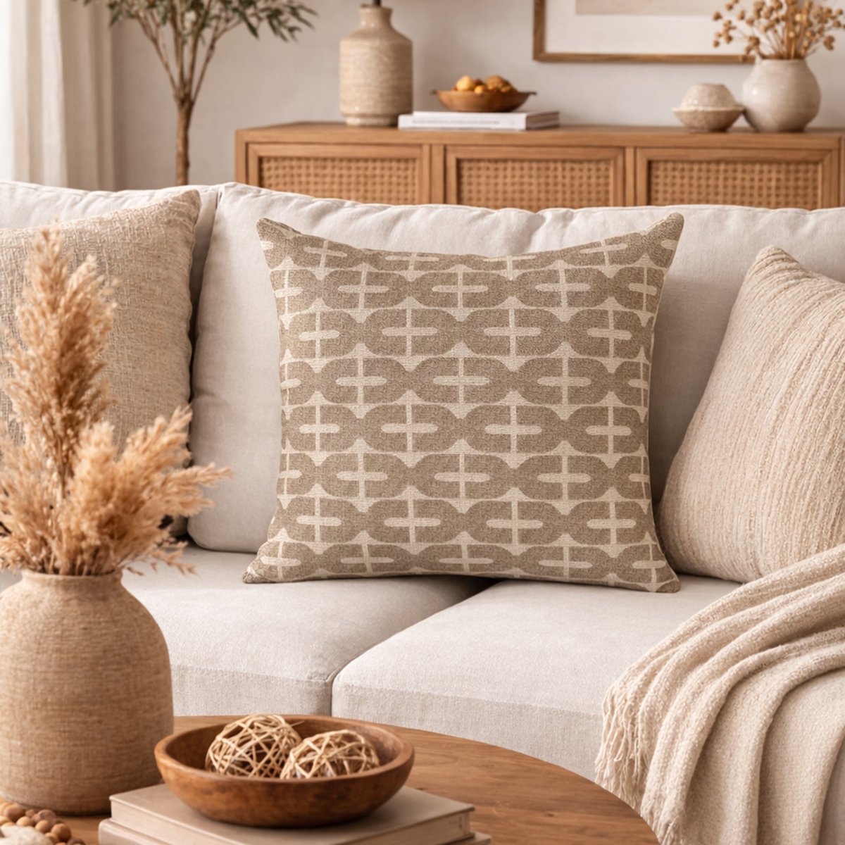 Coussin décoratif déhoussable en jacquard à motif géométrique naturel, DOUCEUR D'INTÉRIEUR