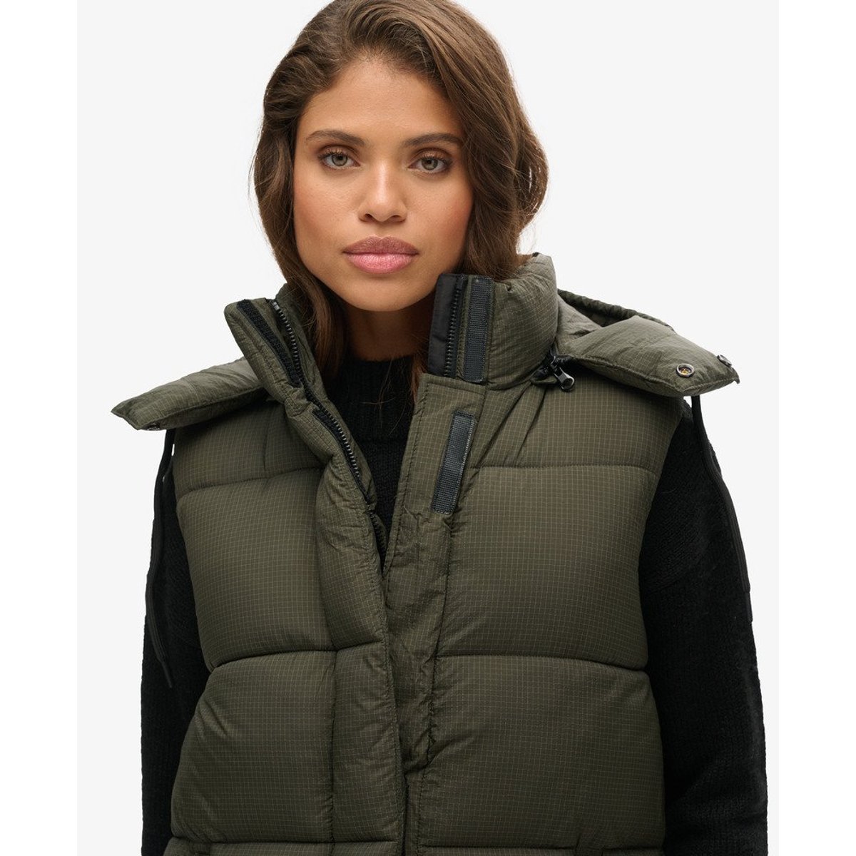 Gilet à capuche long sans manches Ripstop kaki quadrillé, SUPERDRY