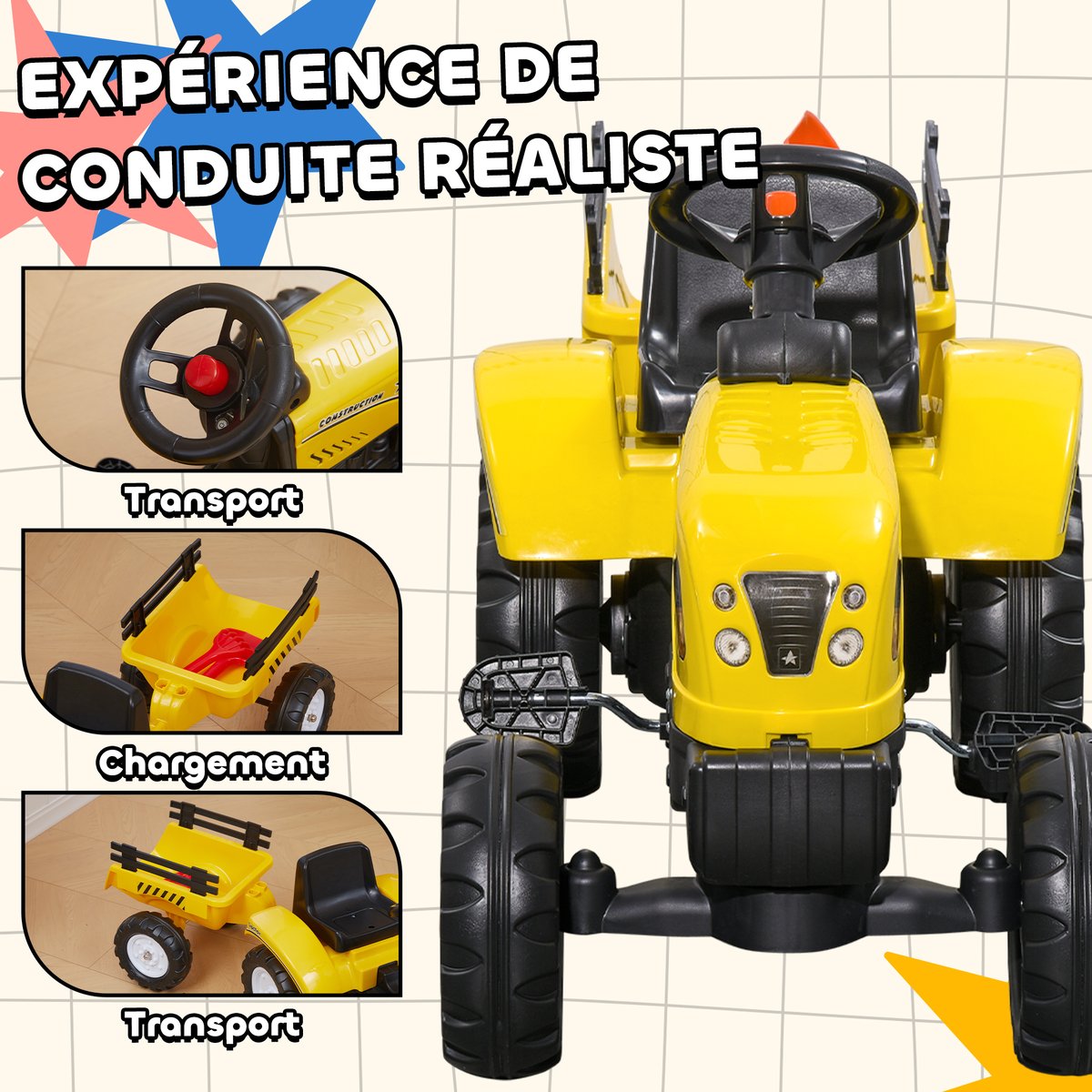 Voiture de chantier à pédales pour enfants jaune, HOMCOM