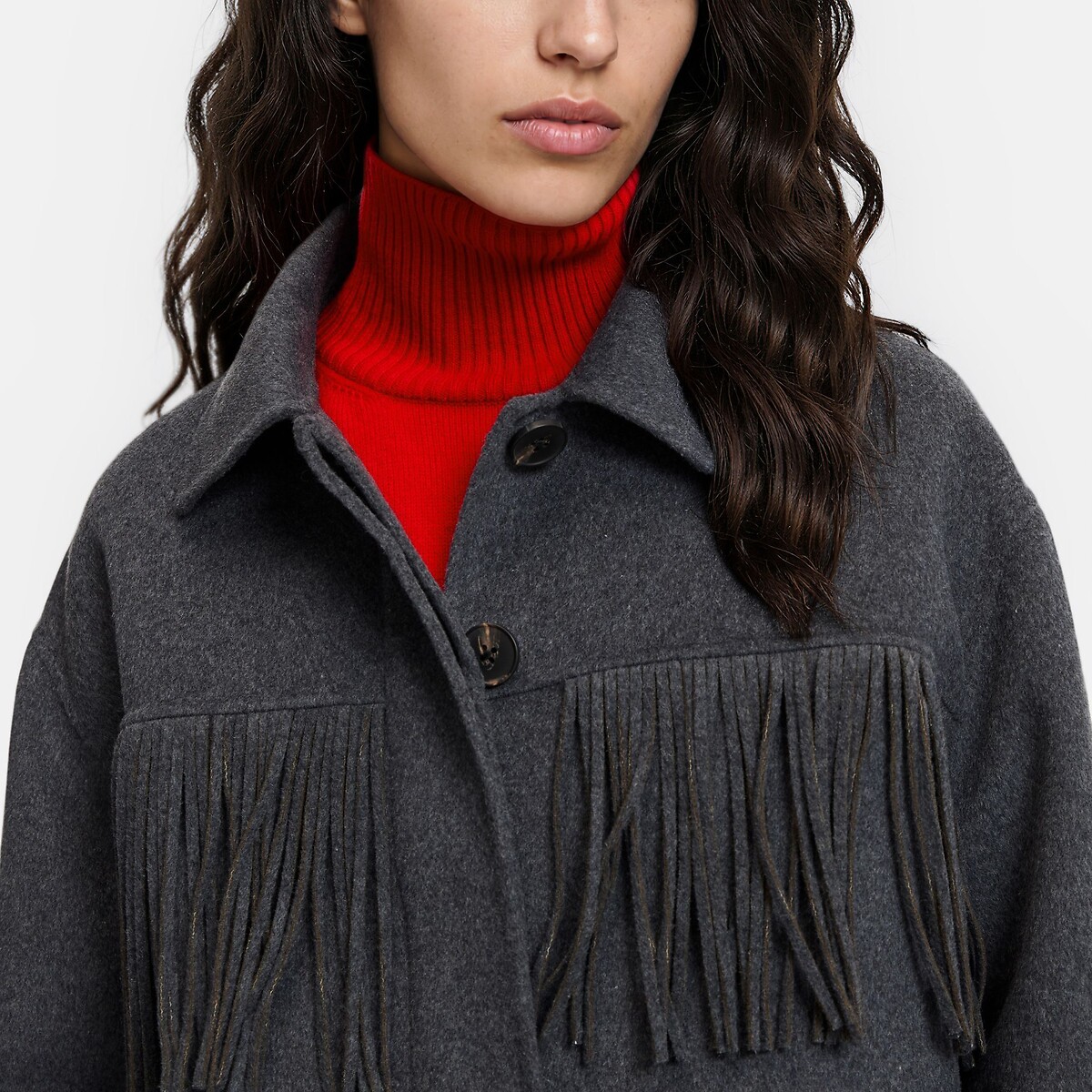 Cappotto con frange in misto lana antracite, LA REDOUTE COLLECTIONS
