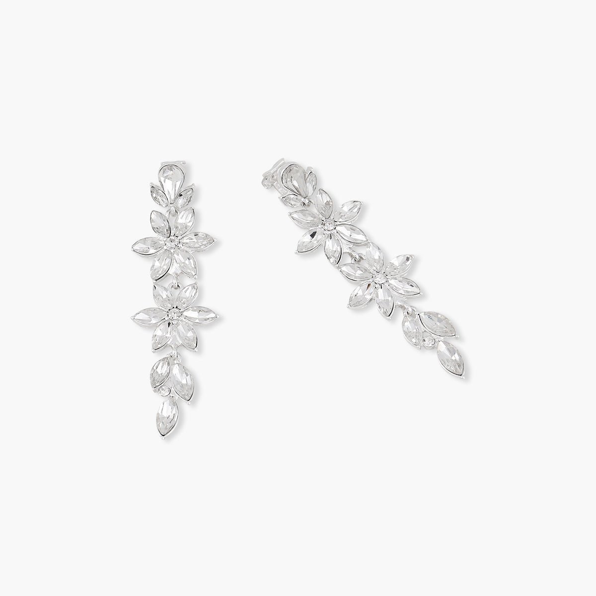 Boucles d'oreilles clips - fleurs pendantes strassées argenté, BALABOOSTE