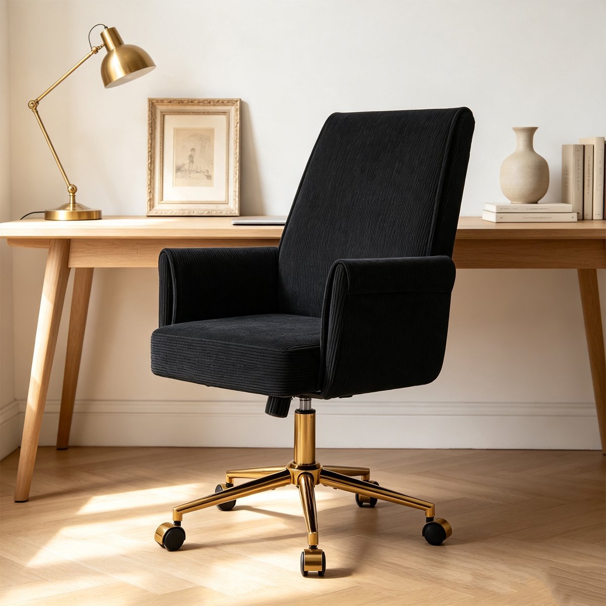 Chaise de bureau pivotante réglable en hauteur en velours côtelé, ELVAN noir, MEUBLES COSY