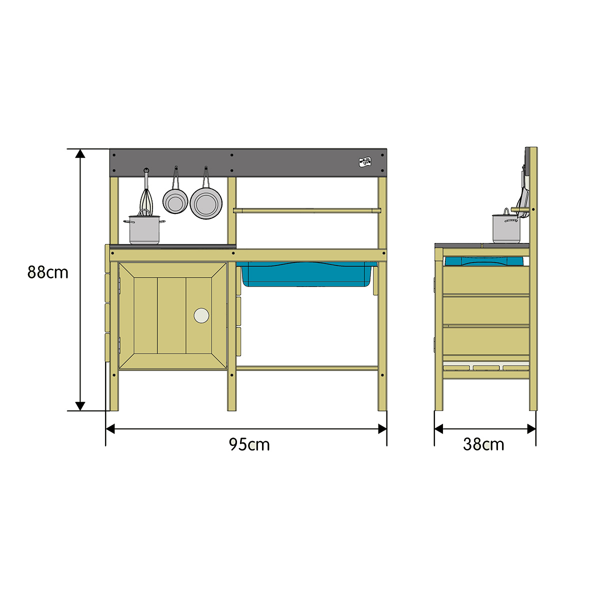 Cuisine extérieure en bois pour enfant marron - bleu - noir, CEMONJARDIN