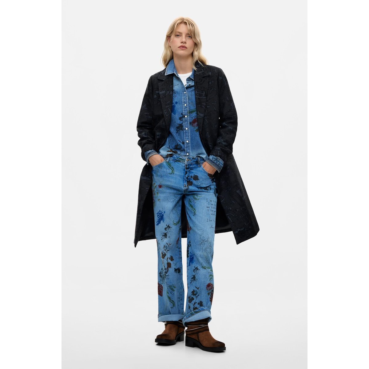 Manteau droit jacquard noir, DESIGUAL