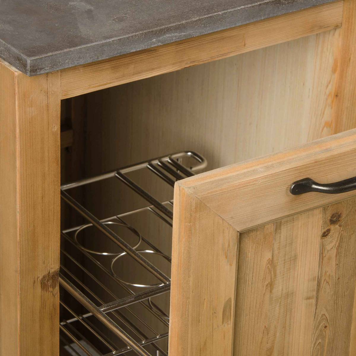 Meuble bas de cuisine en bois recyclé et pierre bleue CHAMPÊTRE bois clair, MADE IN MEUBLES