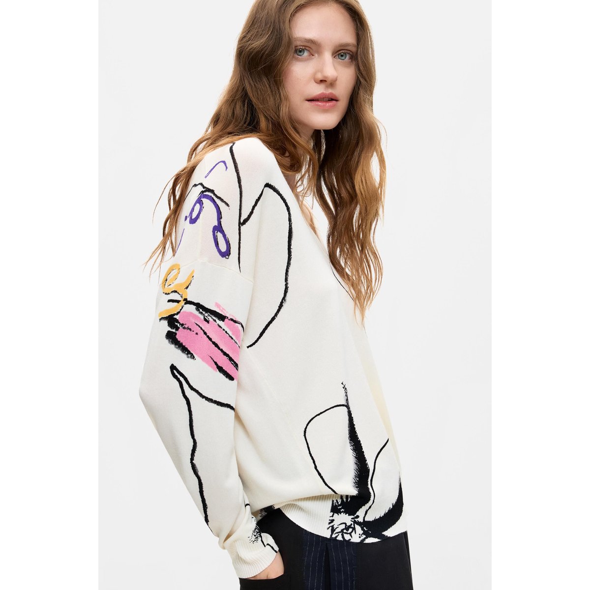 Pull imprimé en maille fine blanc, DESIGUAL