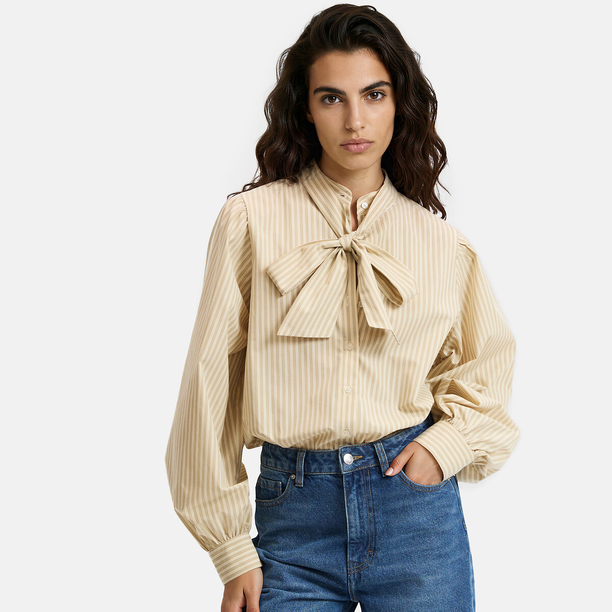 Camicia con collo lavallière a righe e maniche a sbuffo rayé beige/marron, LA REDOUTE COLLECTIONS