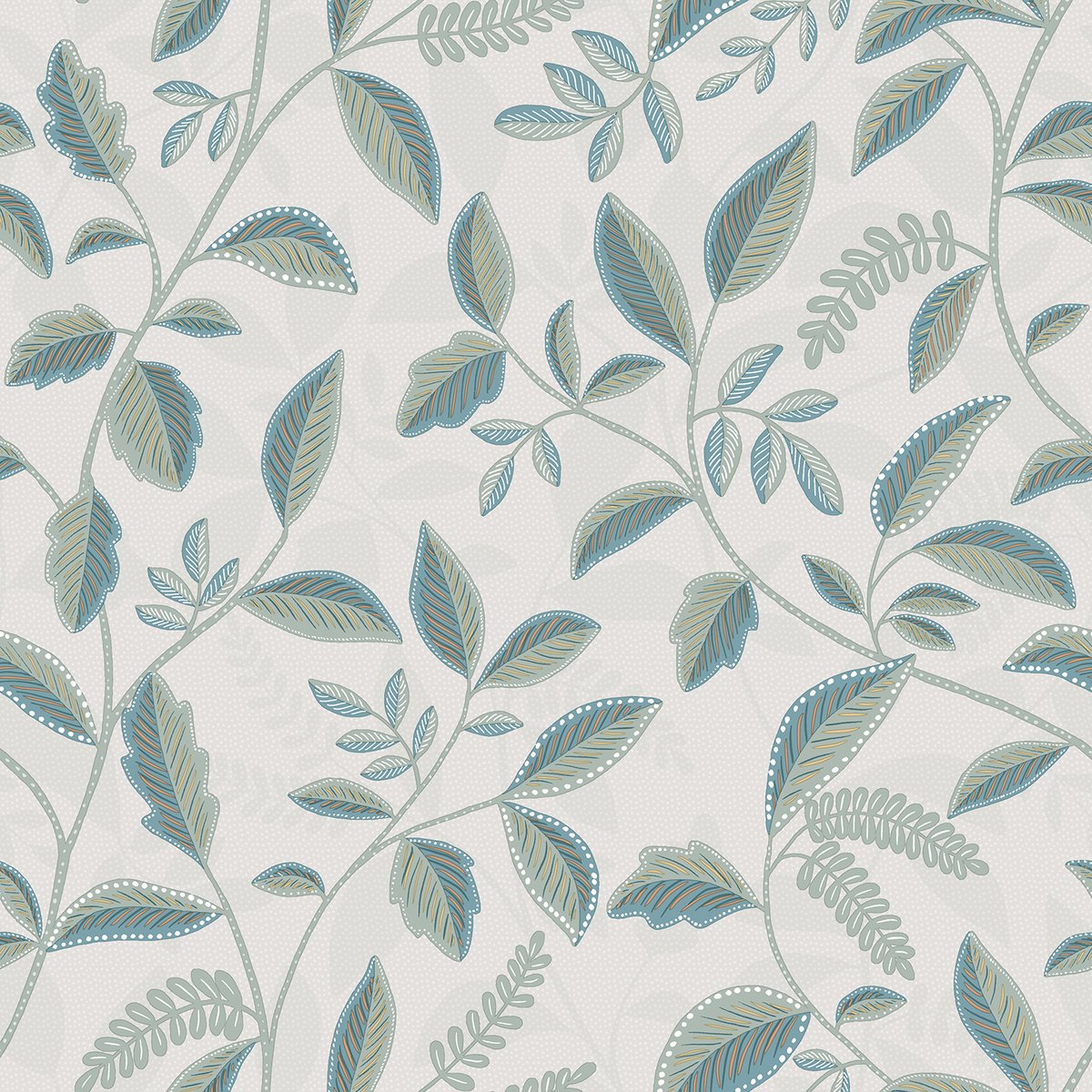 Papier peint feuillage stylisé bleu canard et or vert, HEXOA