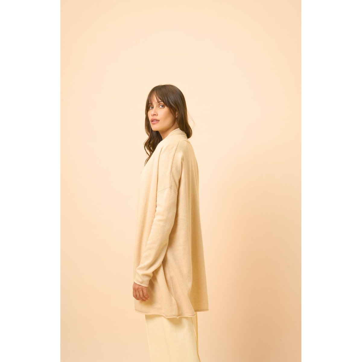Gilet Long Ouvert Col Châle Sable Maddie beige, JUST CASHMERE