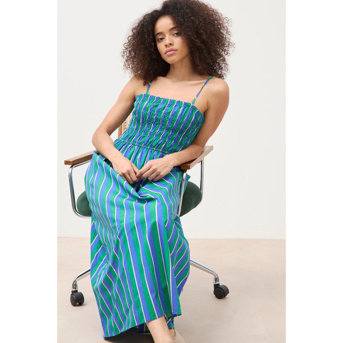 Robe bretelles col carré en coton bleu, BONOBO