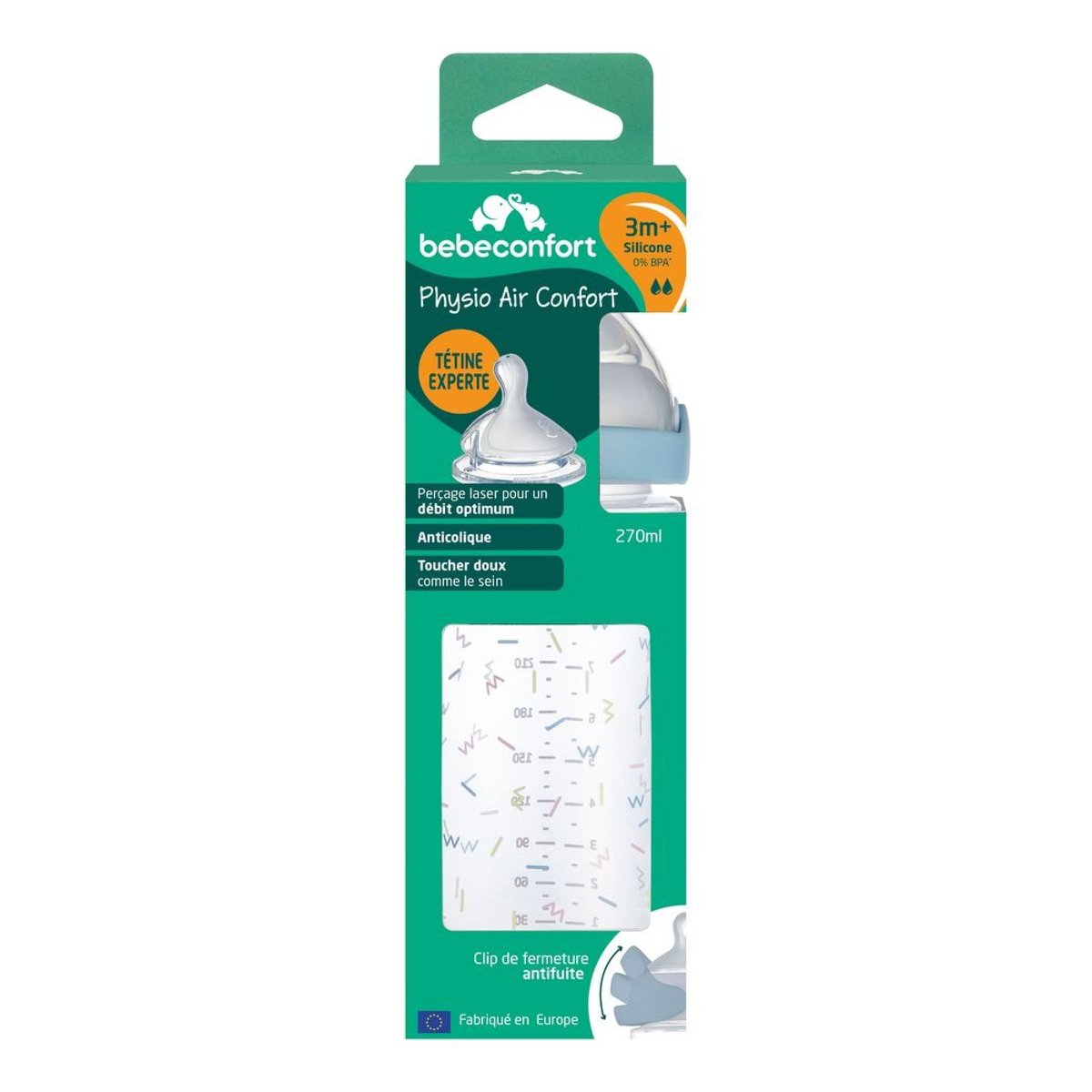 Biberon PP physio Air confort 270 ml Memphis/Blue couleur unique, BEBECONFORT