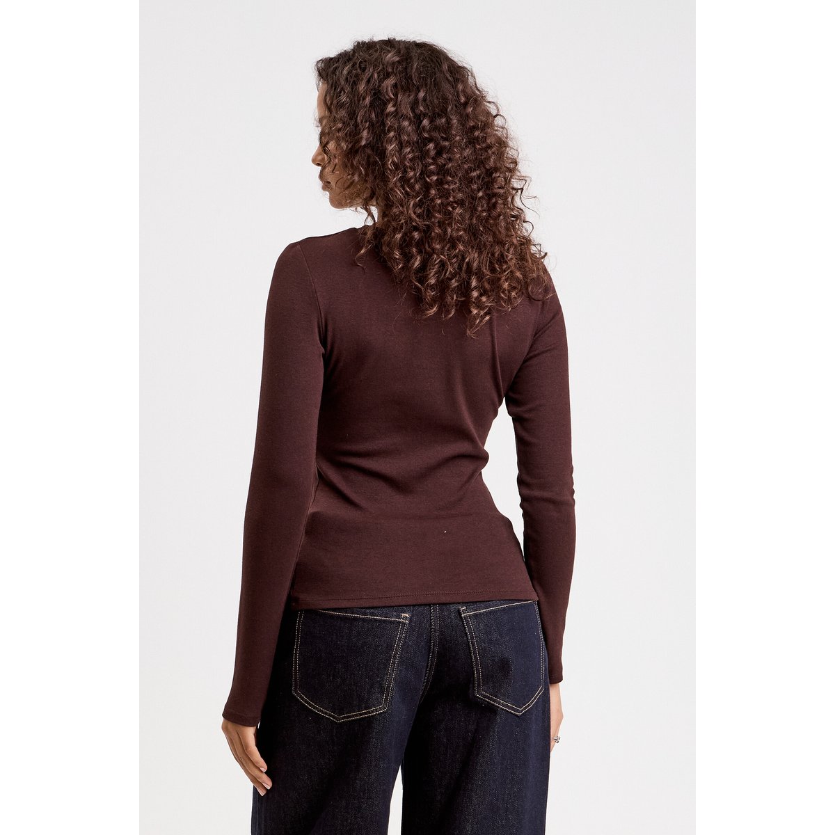 T-shirt cintré col rond manches longues marron foncé, CACHE CACHE