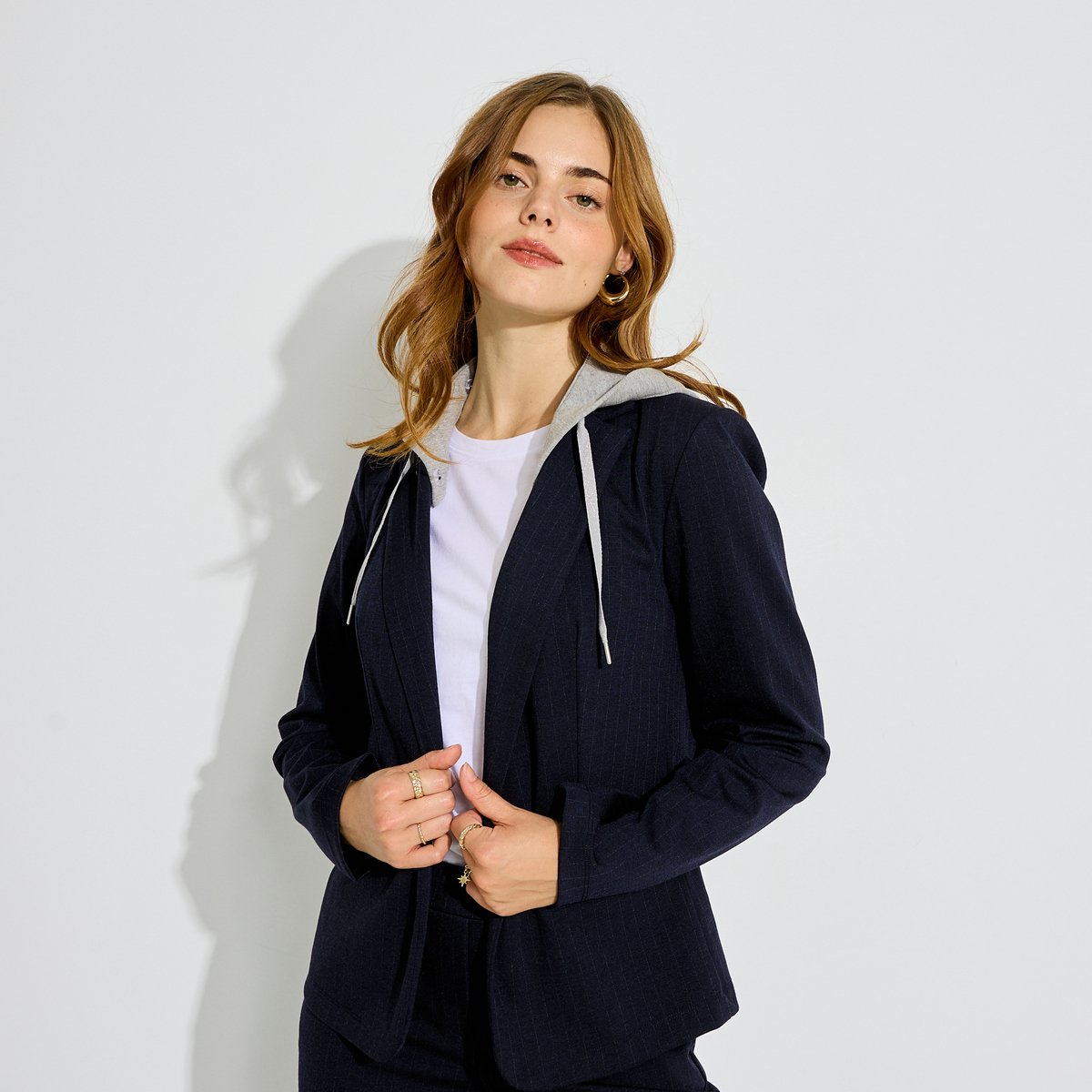 Veste blazer maille rayé à capuche bleu marine, GRAIN DE MALICE