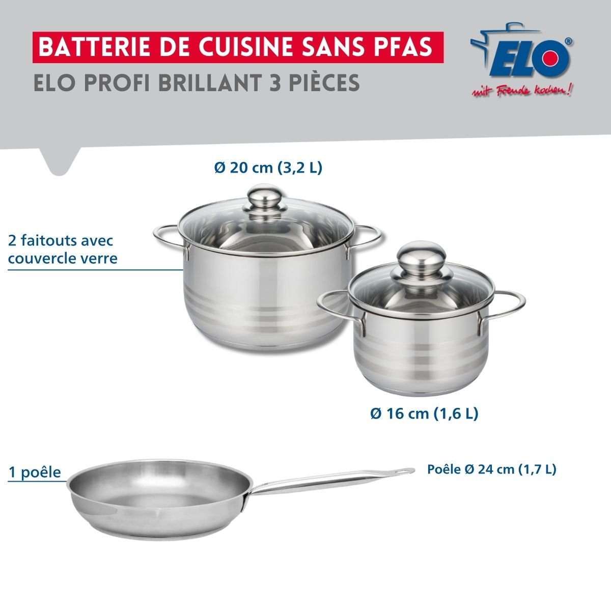 Batterie 1 poêle 24cm + 2 faitouts 16/20cm PROFI BRILLANT gris, ELO