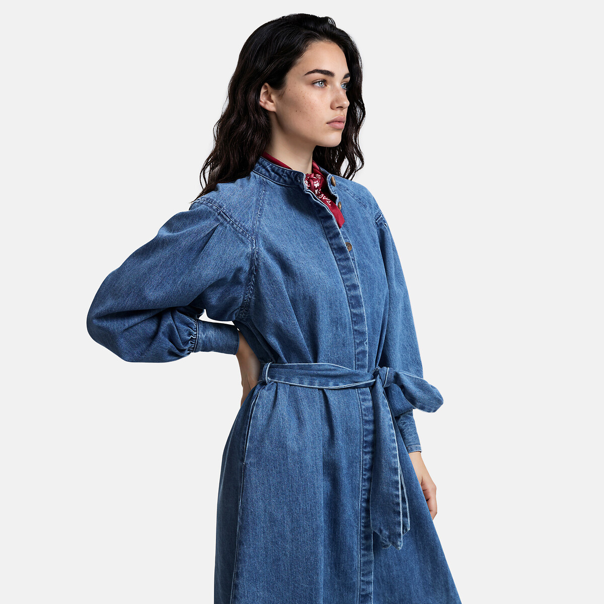 Robe longue en jean à manches longues avec ceinture à nouer bleu stone, LA REDOUTE COLLECTIONS