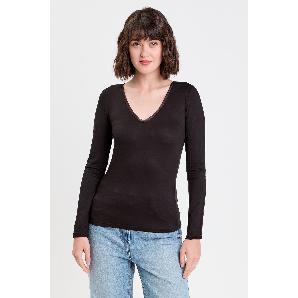 T-shirt thermique col en V plumetis noir, CACHE CACHE