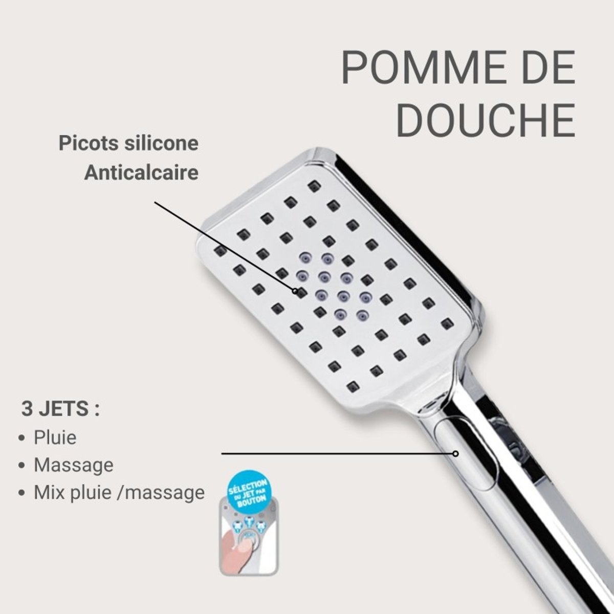 Douchette chromée rectangulaire 3 jets ELOA chromé, MOB IN