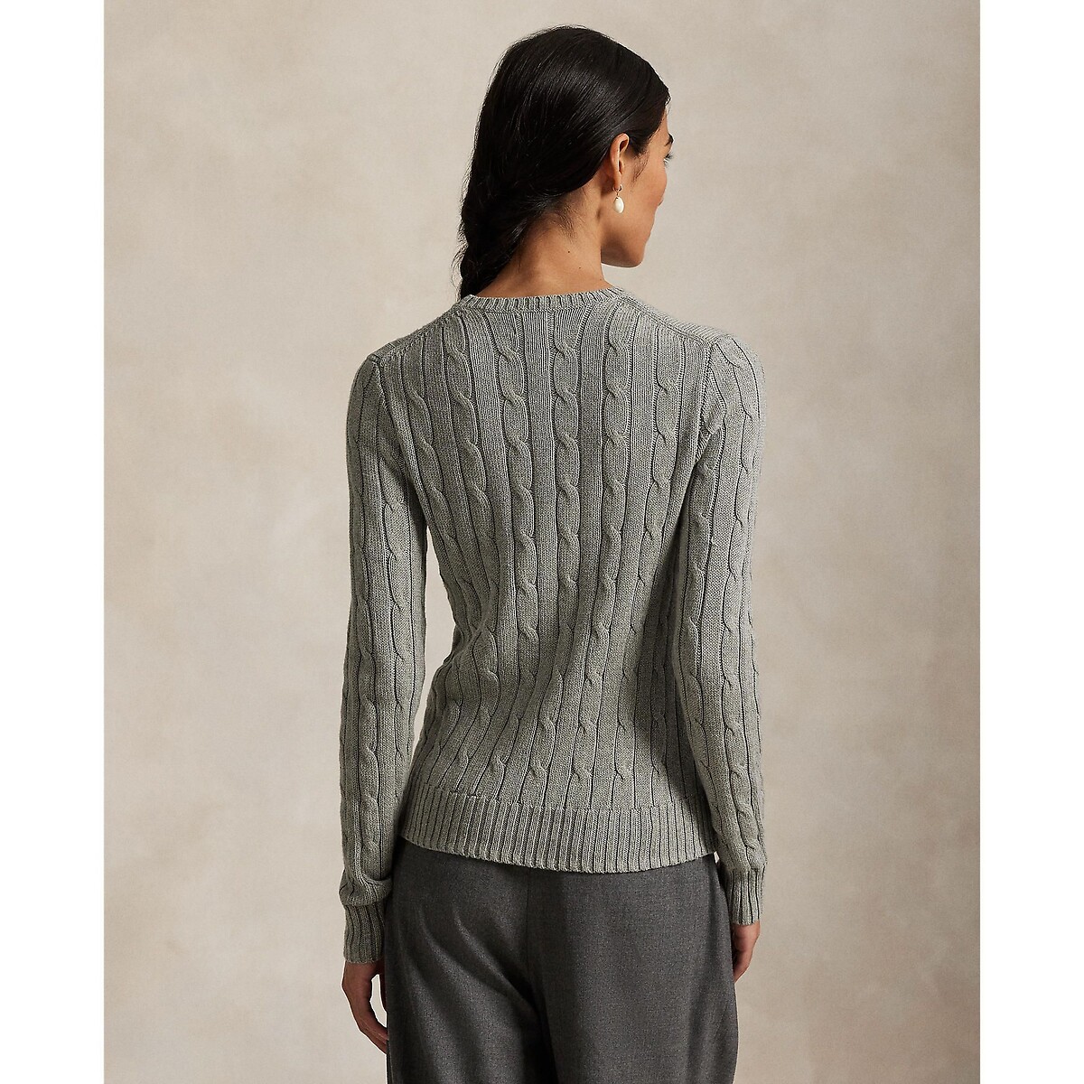 Pull à col rond, à manches longues, en maille torsadée gris, POLO RALPH LAUREN
