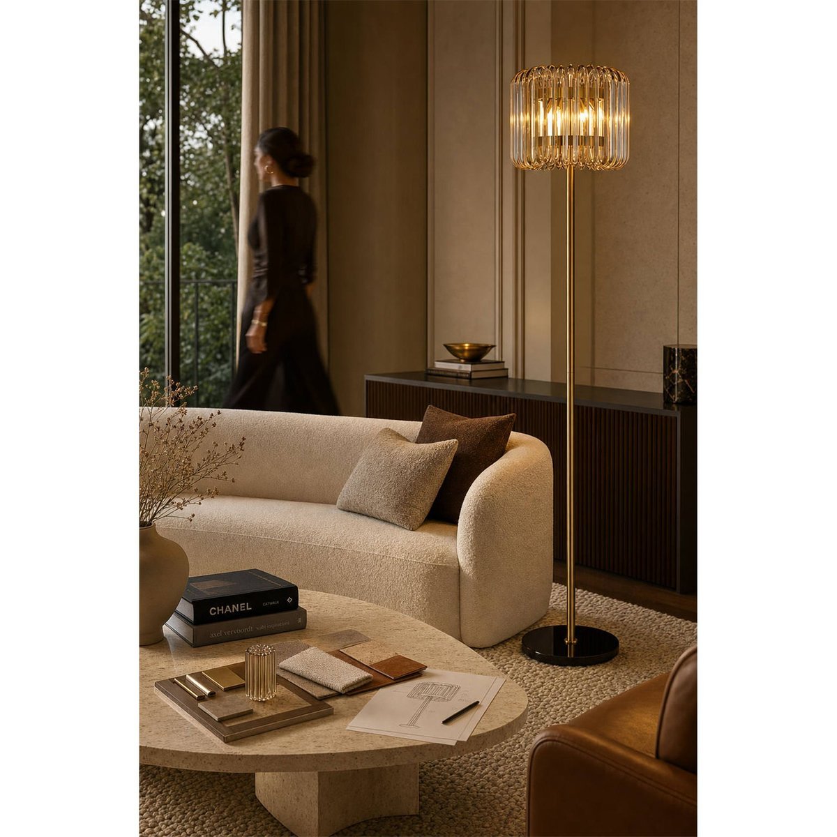 Lampadaire en verre côtelé et marbre, Chic bronze, RECOLLECTION