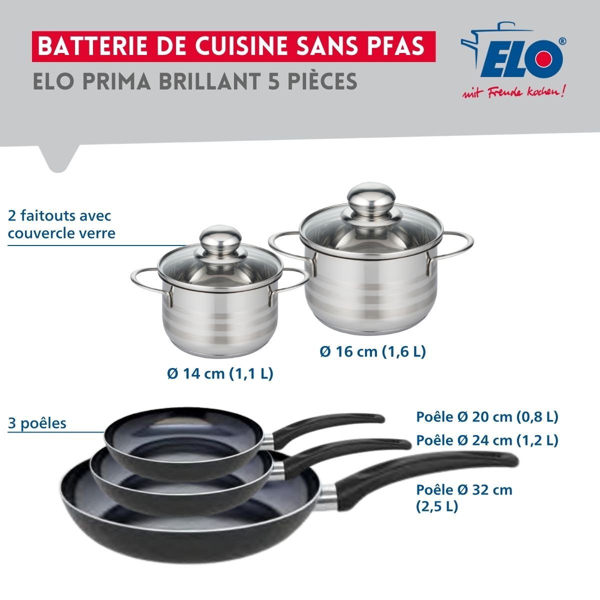 Batterie 3 poêles 20/24/32cm + 2 faitouts 14/16cm PRIMA BRILLANT noir, ELO