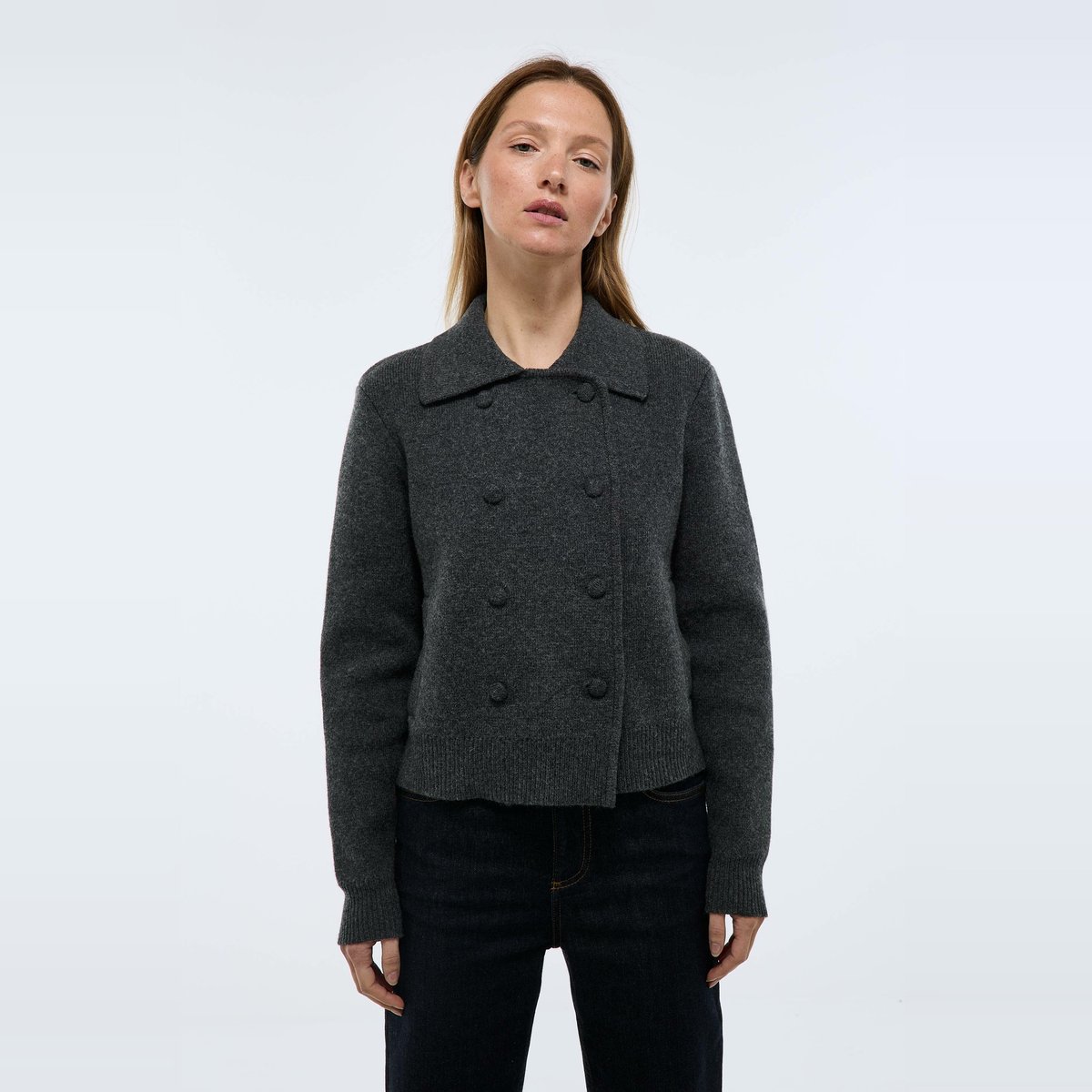 Veste en maille à double boutonnage en laine et coton gris chine fonce, MONOPRIX