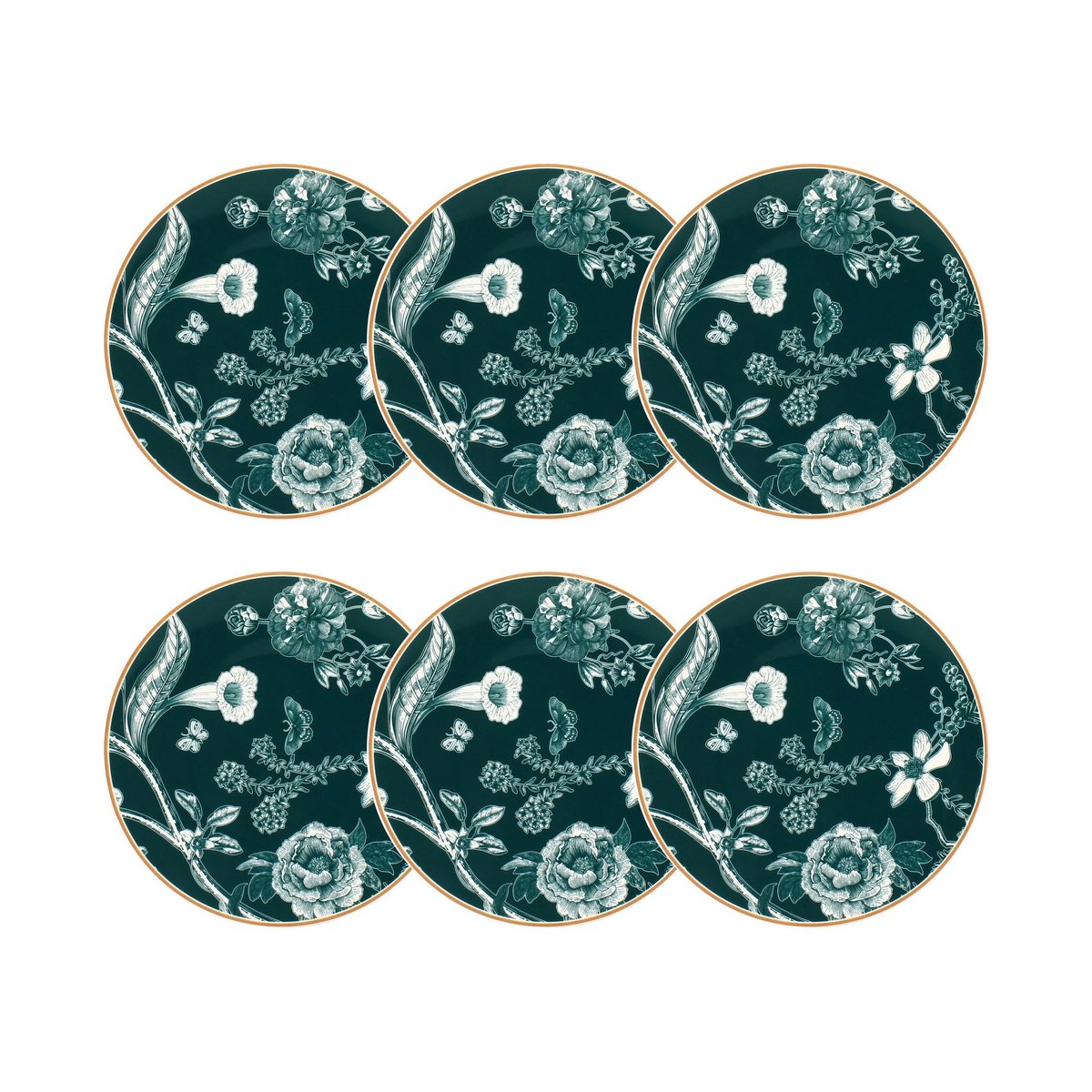 Lot de 6 assiettes à dessert en porcelaine 20cm, BOTANIC blanc-vert, NOVASTYL