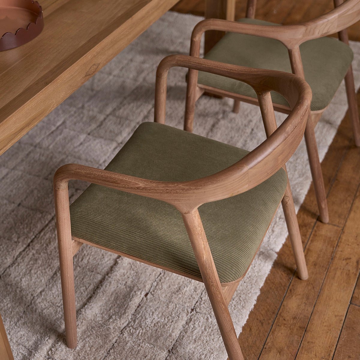 Lot de 2 chaises en teck massif et velours côtelé AMBRE kaki, BERAH GETAH
