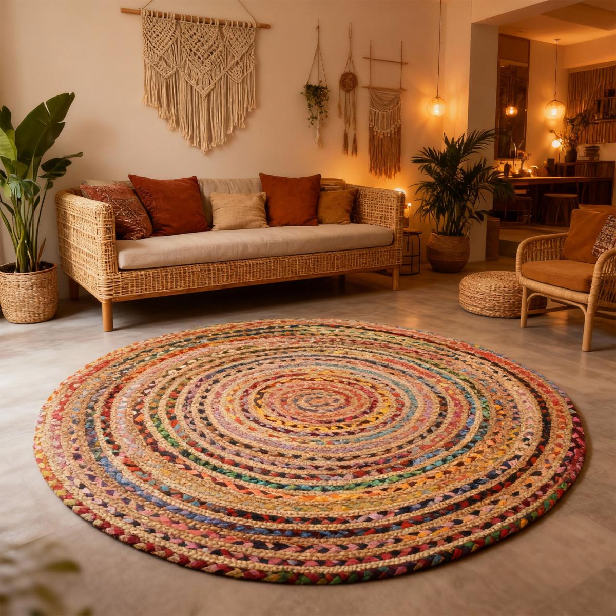 Tapis rond fait à la main en jute motif ethnique ALANA rouge, jaune, crème, UN AMOUR DE TAPIS
