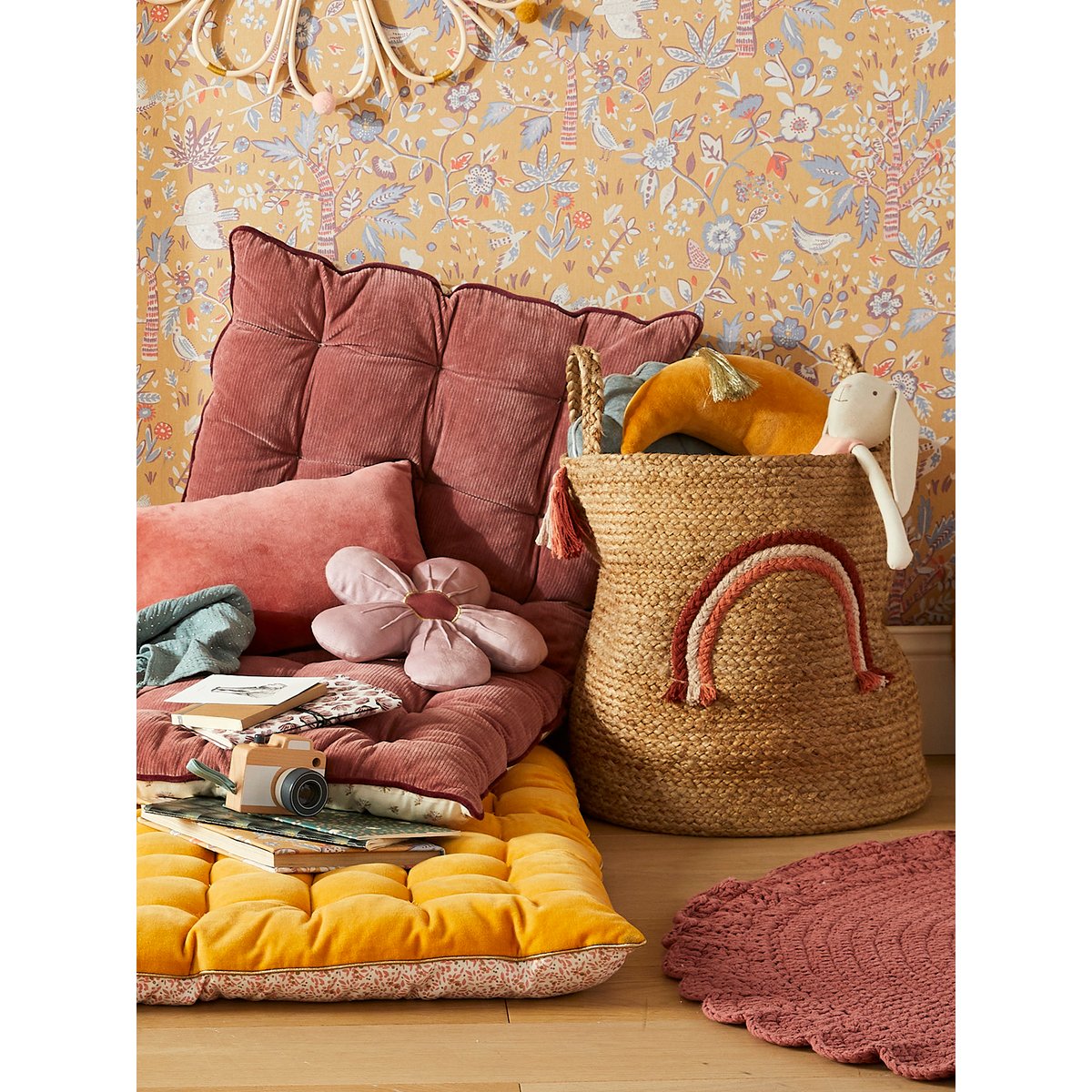 Panier de rangement Arc-en-ciel en jute avec pompons beige, VERTBAUDET