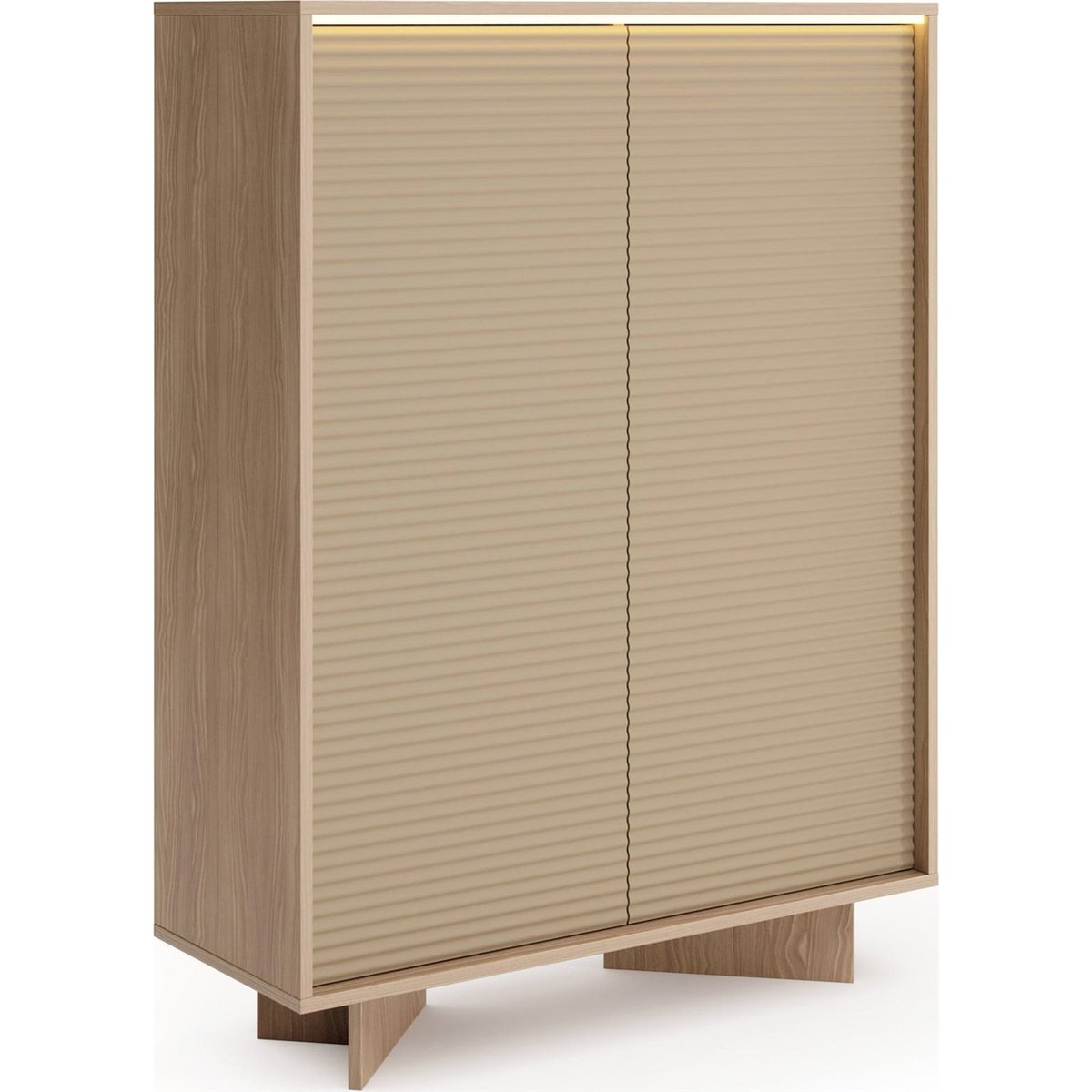Buffet haut lumineux SEMI portes rainurées bois bolivar naturel et cappuccino, RECOLLECTION