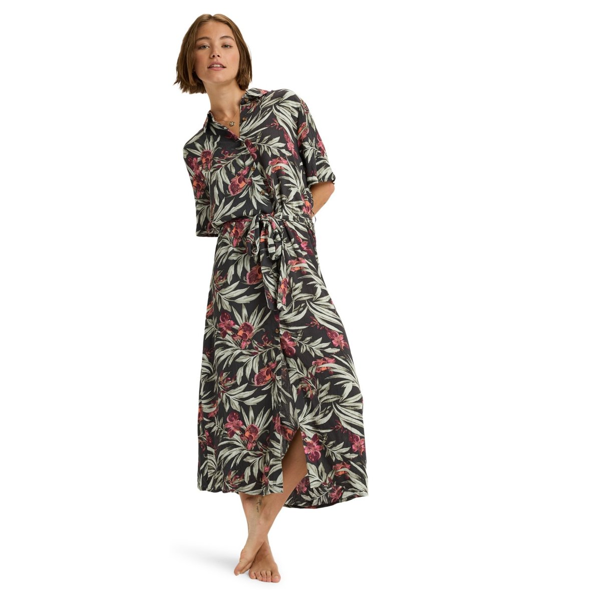 Robe midi à col et boutons sur le devant ISLAND ESCAPE PRINTED. noir phantom wind swept floral crin, ROXY