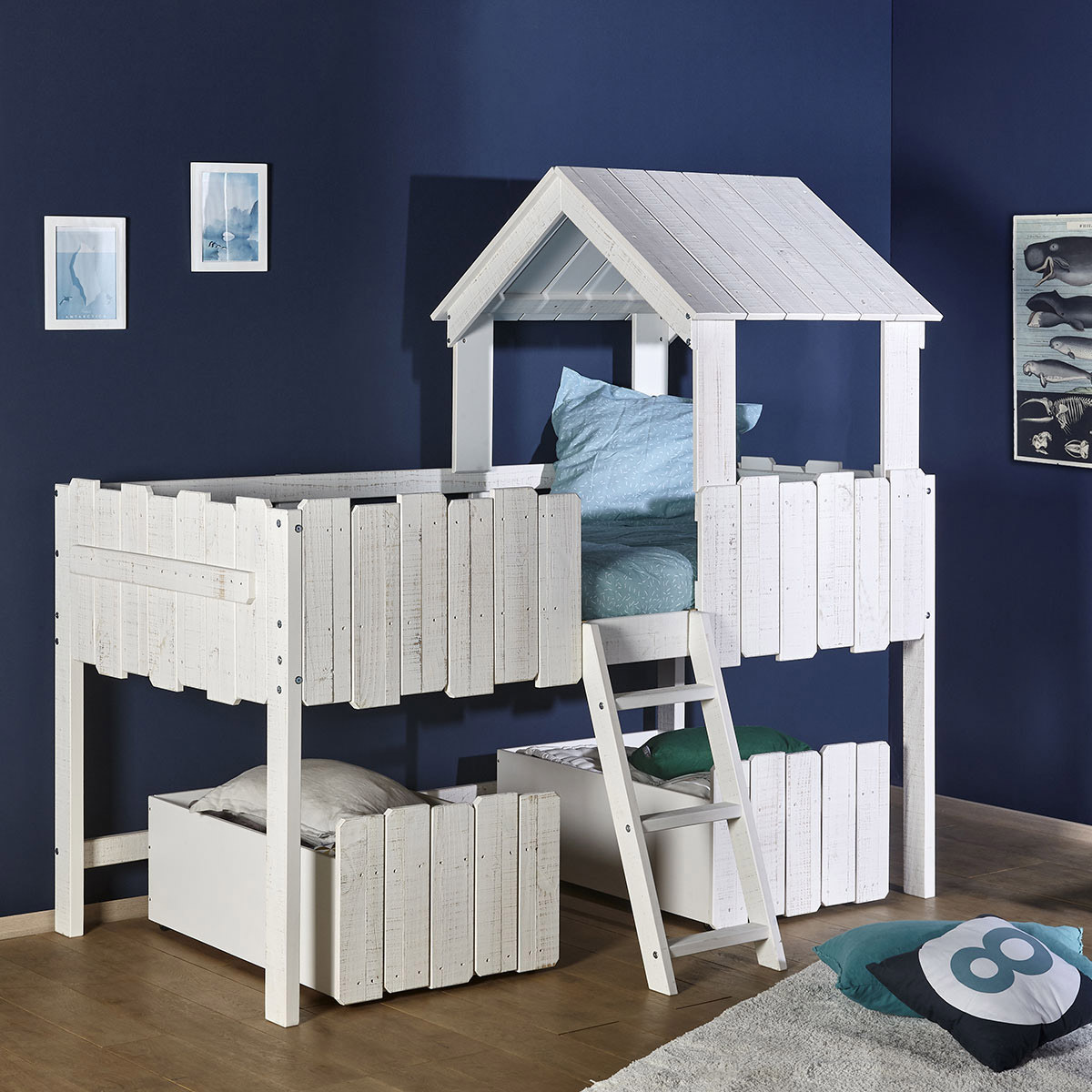 Pack lit cabane mi-hauteur avec tiroirs et matelas Donnie Bois massif  DONNIE blanc, AKITEN RETAIL