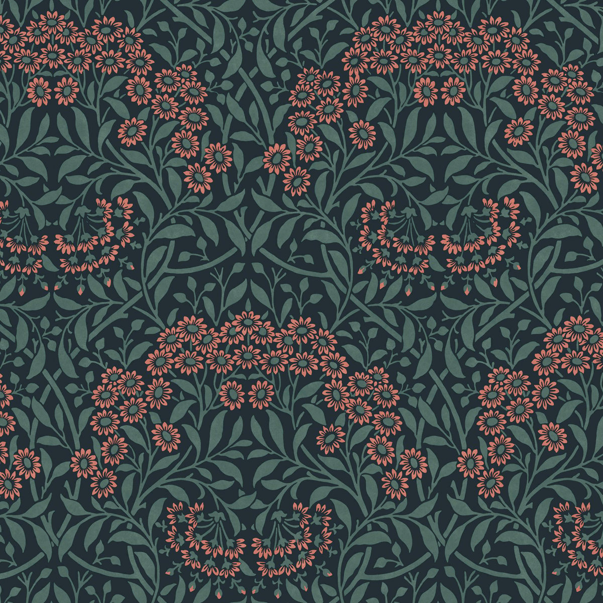 Papier peint fleuri Michaelmas Daisy Midnight bleu, corail, WILLIAM MORRIS AT HOME