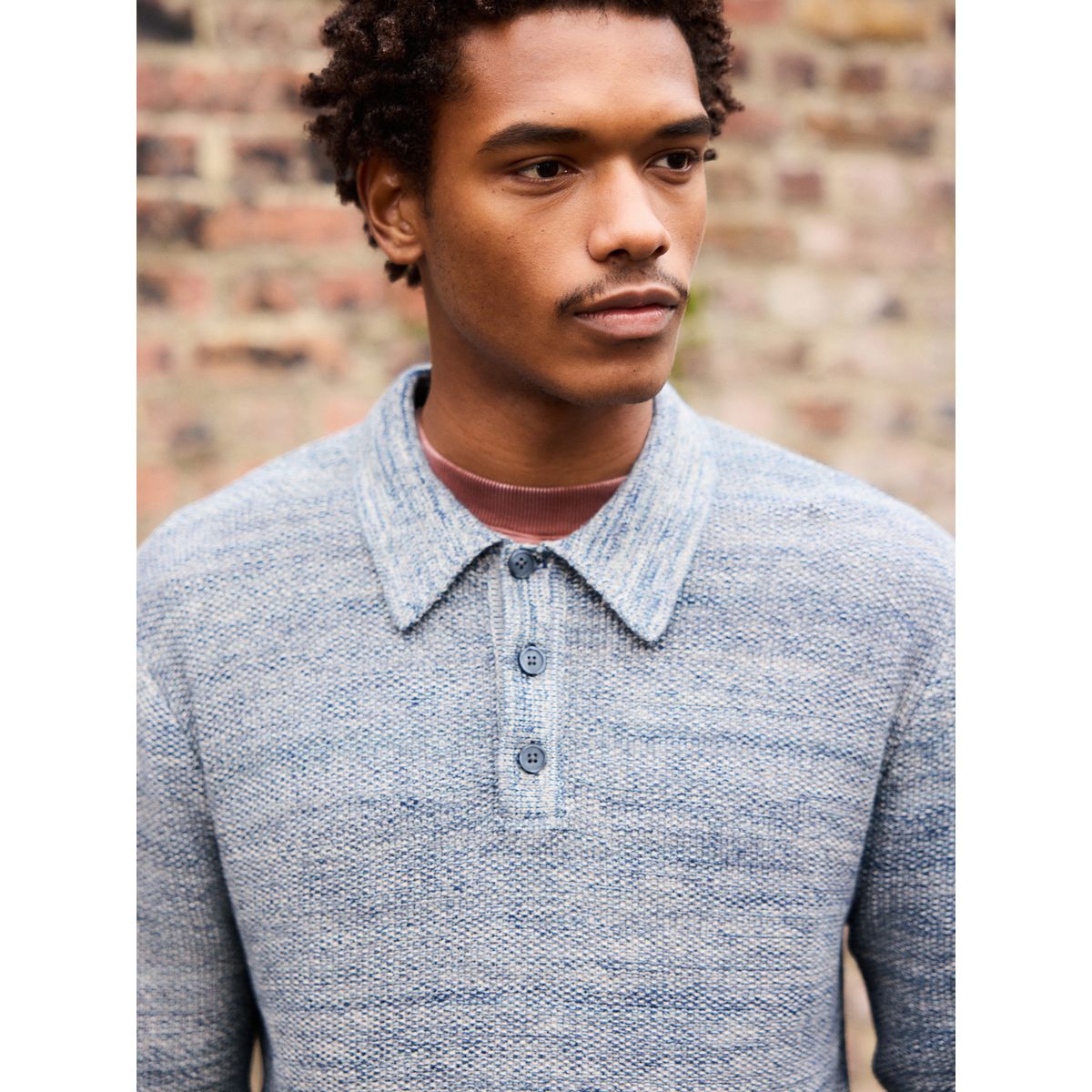 Polo torsadé coton à manches longues bleu denim marl, NEXT